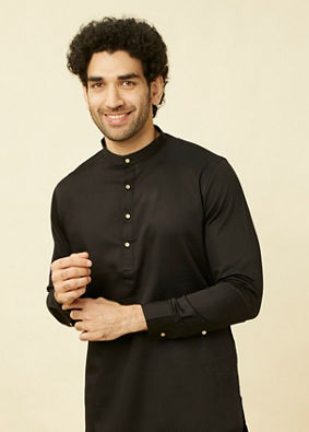 alt message - Manyavar Men Charcoal Black Kurta Set image number 0