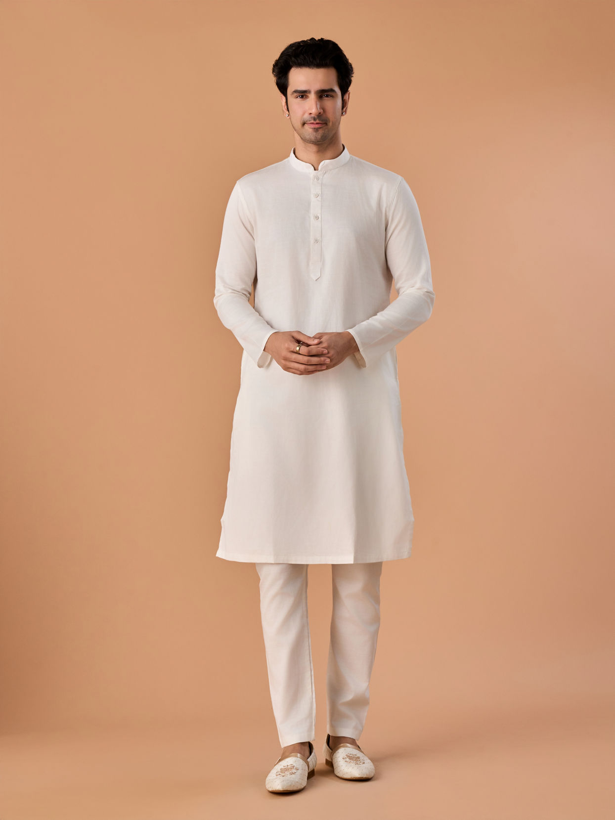 Manyavar Men Warm White Cotton Kurta Pajama