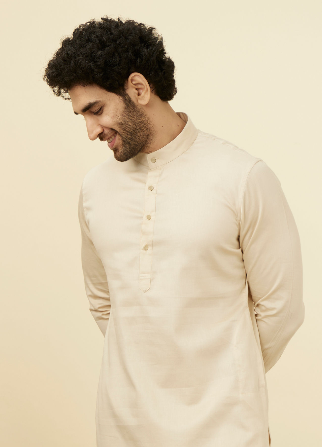 Manyavar Men Light Cream Solid Kurta Pajama