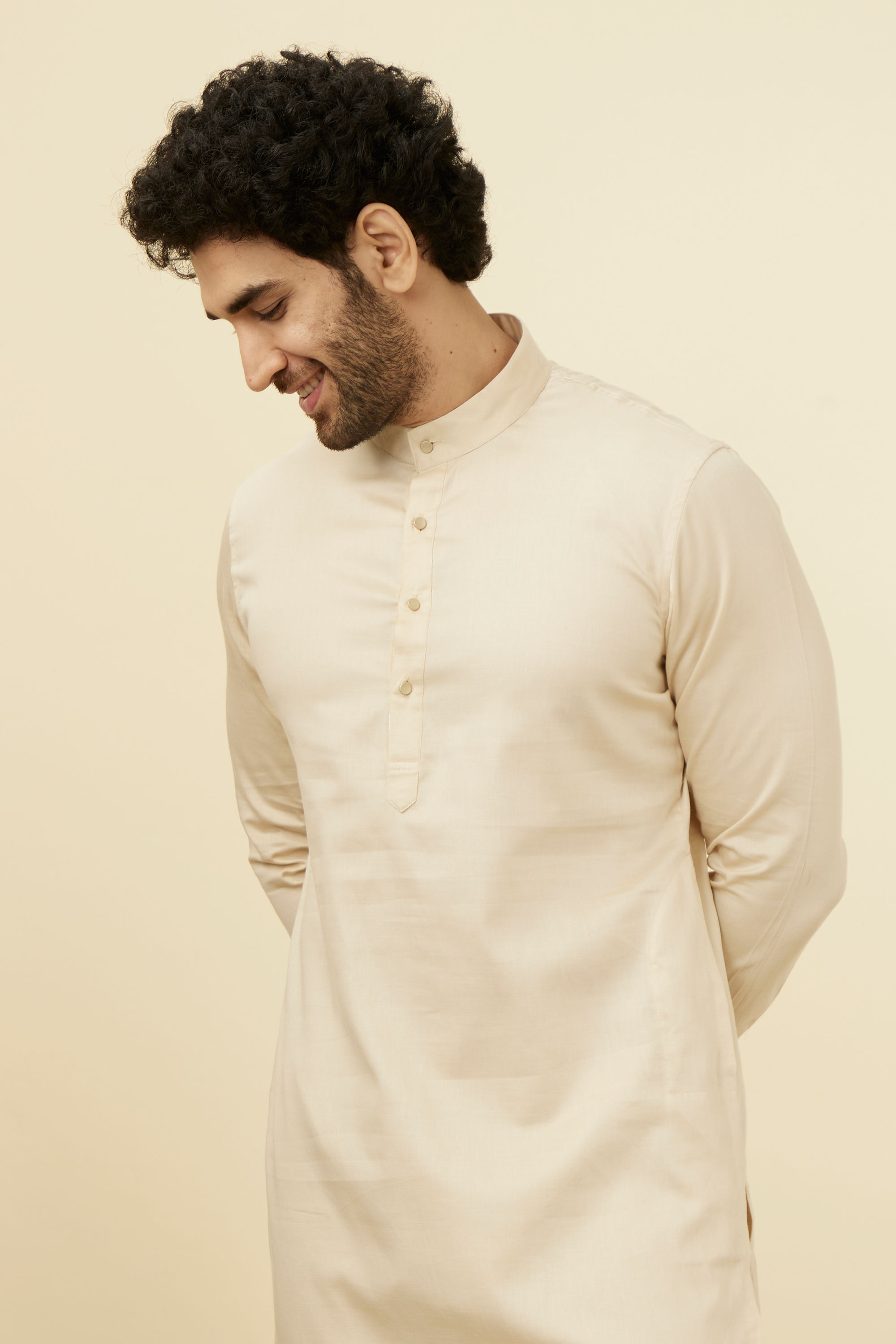 Manyavar Men Light Cream Solid Kurta Pajama