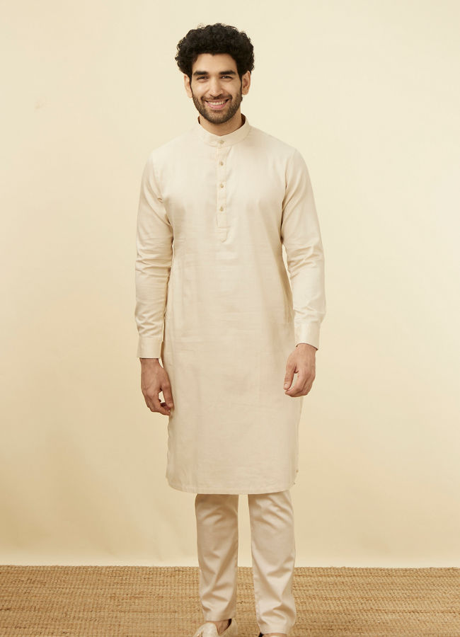 Manyavar Men Light Cream Solid Kurta Pajama