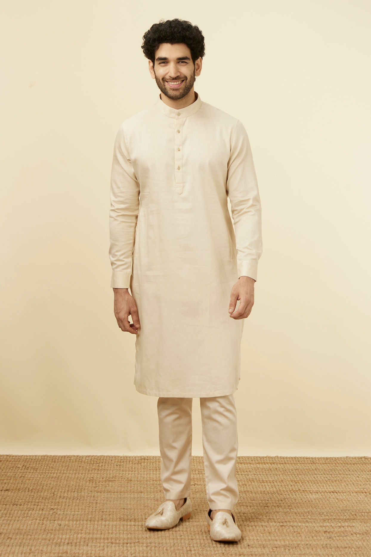 Manyavar Men Light Cream Solid Kurta Pajama