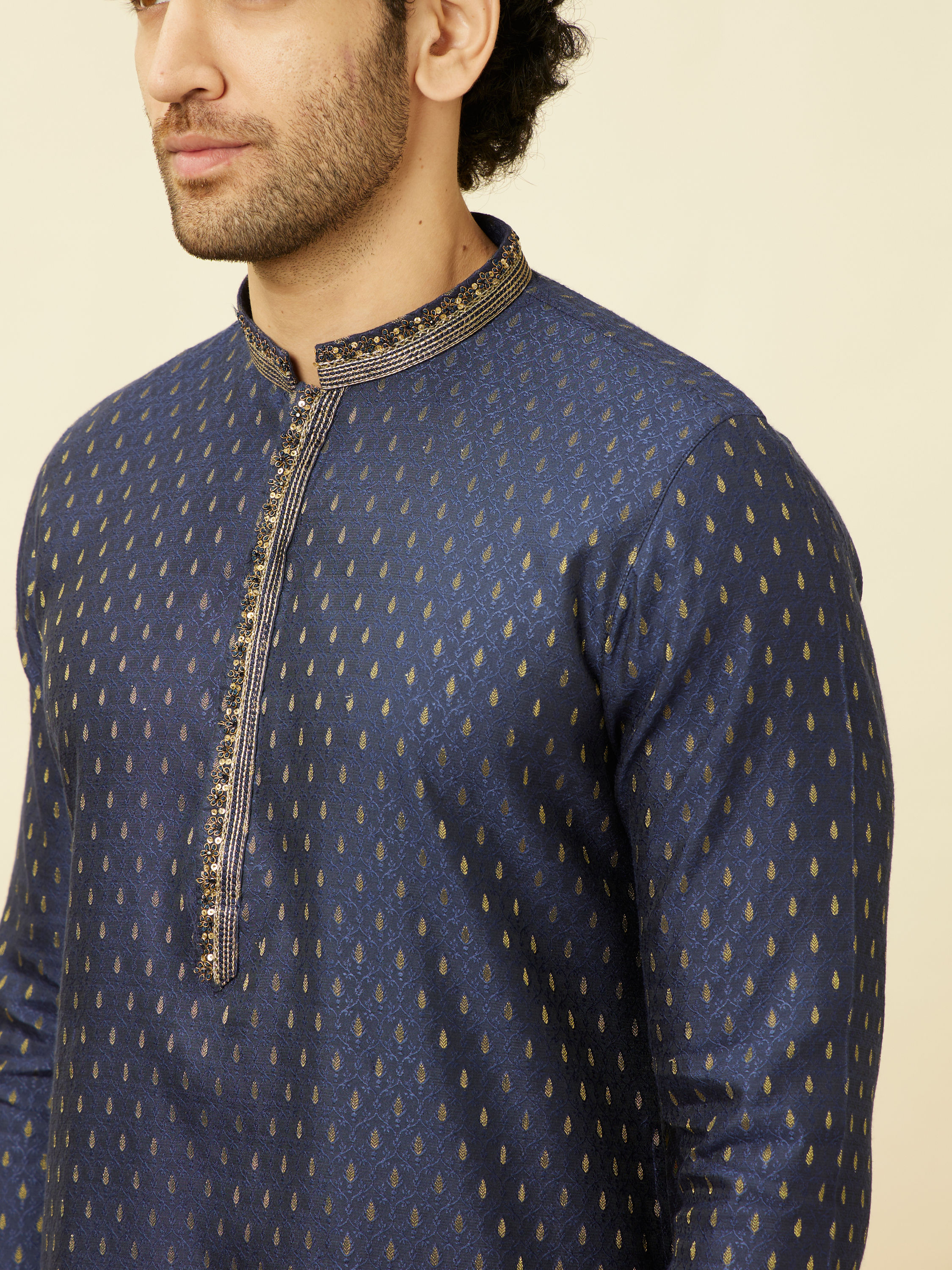 Manyavar Men Royal Blue Drop Patterned Kurta Set