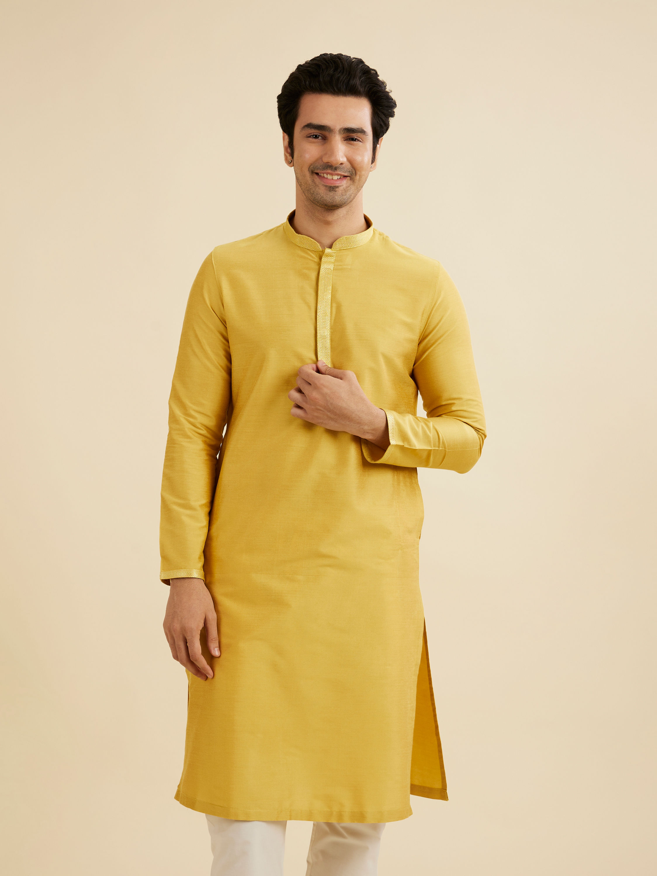 Manyavar Men Golden Plain Kurta Set