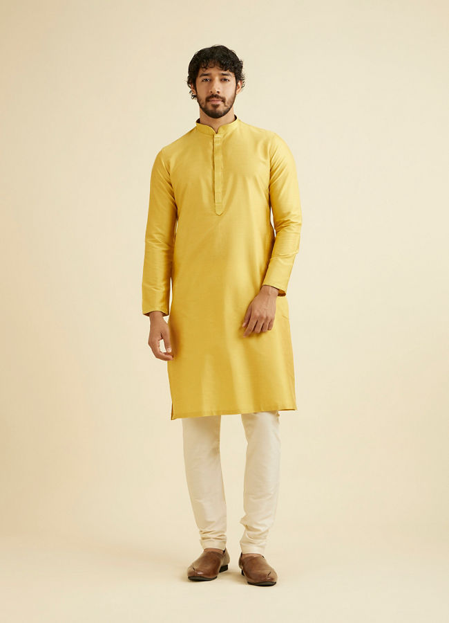 Manyavar Men Golden Plain Kurta Set image number 2