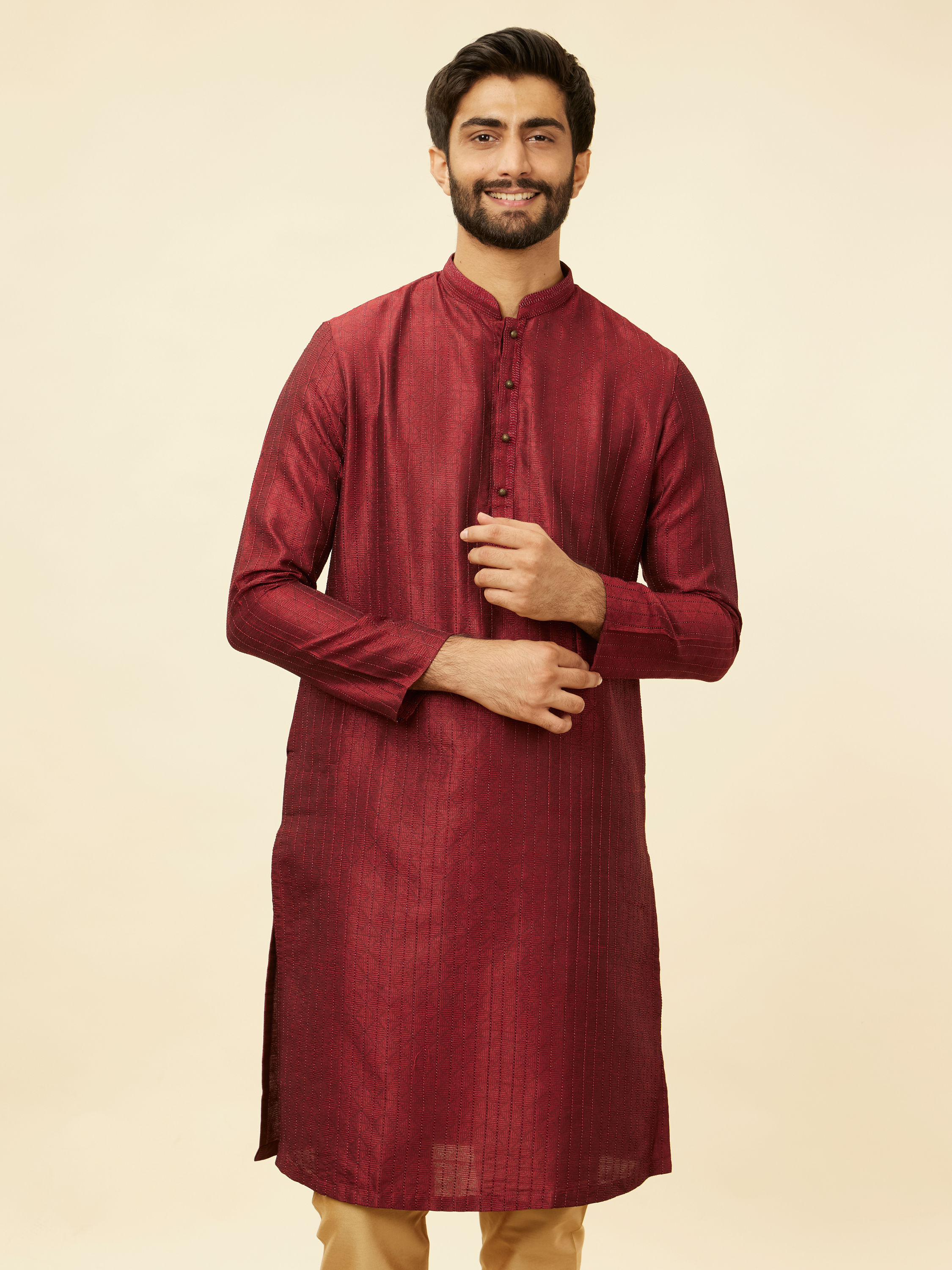 Manyavar Men Maroon Pintuck Design Kurta Set