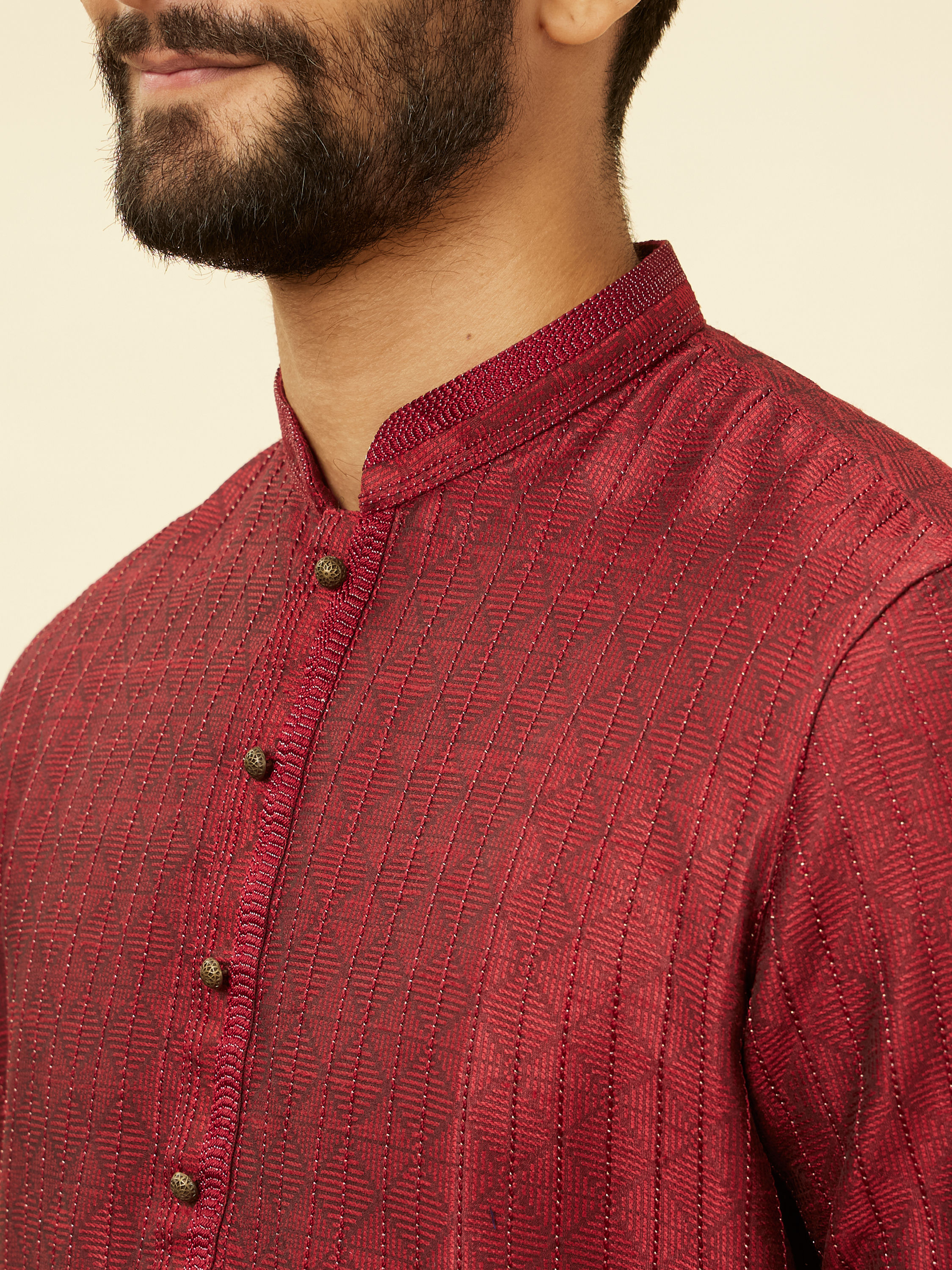 Manyavar Men Maroon Pintuck Design Kurta Set