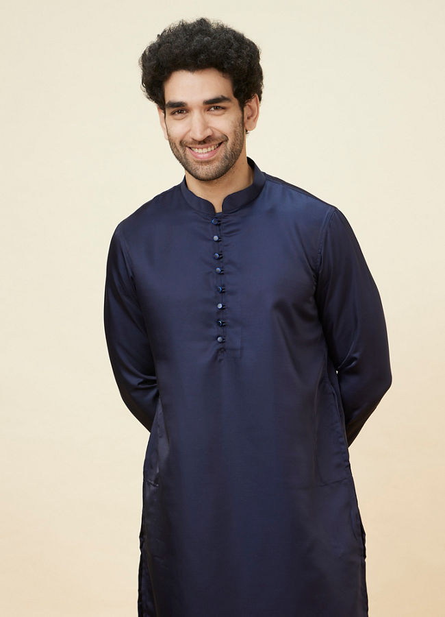 alt message - Manyavar Men Dark Blue Loop Buttoned Classic Kurta Set image number 0