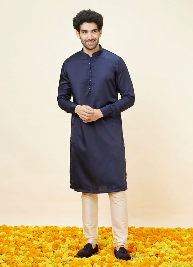 alt message - Manyavar Men Dark Blue Loop Buttoned Classic Kurta Set image number 2