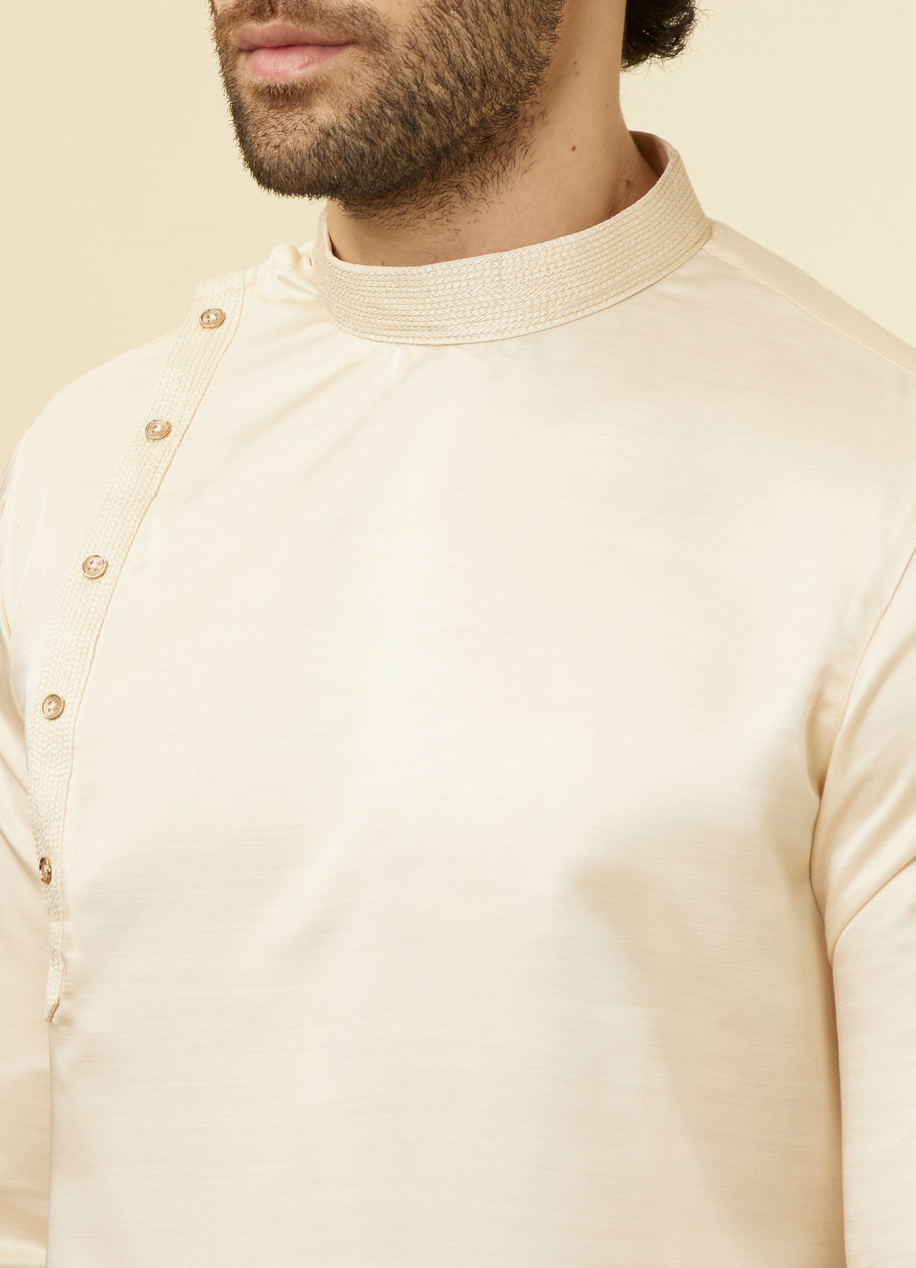 Manyavar Men Classic Cream Beige Angrakha Style Kurta Set