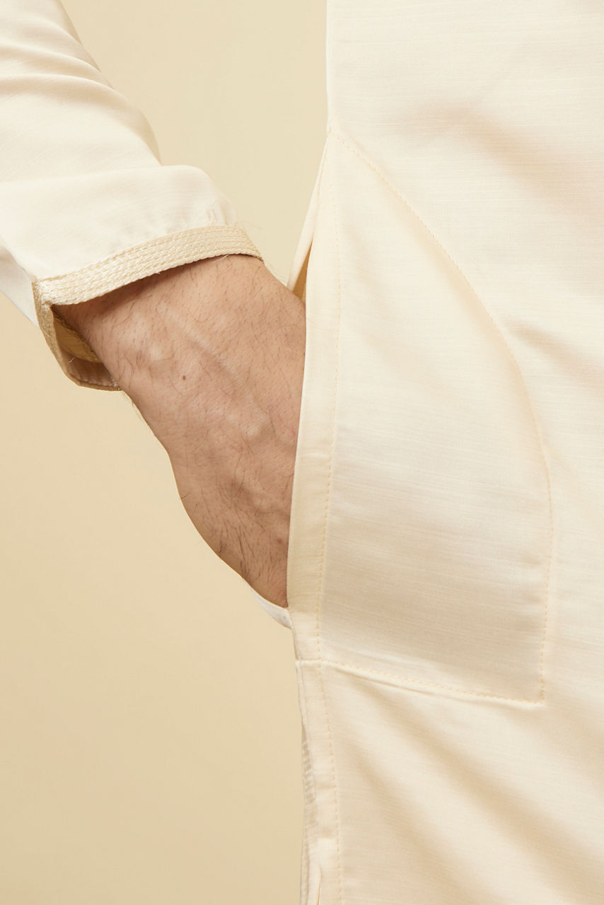 Manyavar Men Classic Cream Beige Angrakha Style Kurta Set