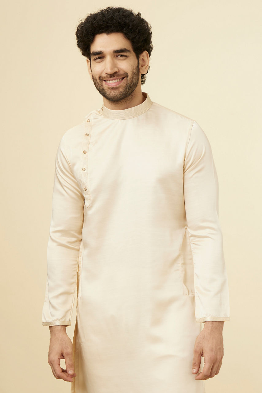 Manyavar Men Classic Cream Beige Angrakha Style Kurta Set