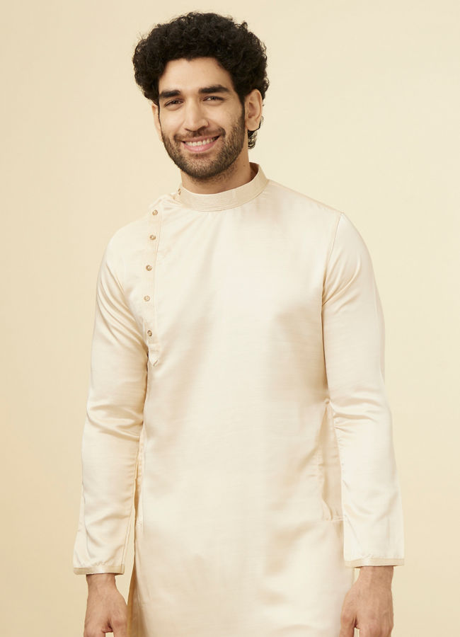 alt message - Manyavar Men Classic Cream Beige Angrakha Style Kurta Set image number 0