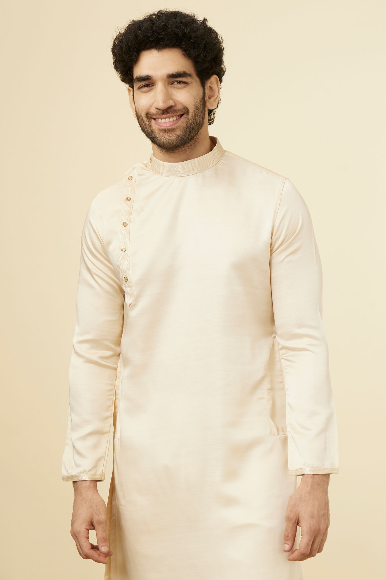 alt message - Manyavar Men Classic Cream Beige Angrakha Style Kurta Set image number 0