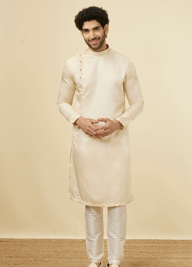 alt message - Manyavar Men Classic Cream Beige Angrakha Style Kurta Set image number 2