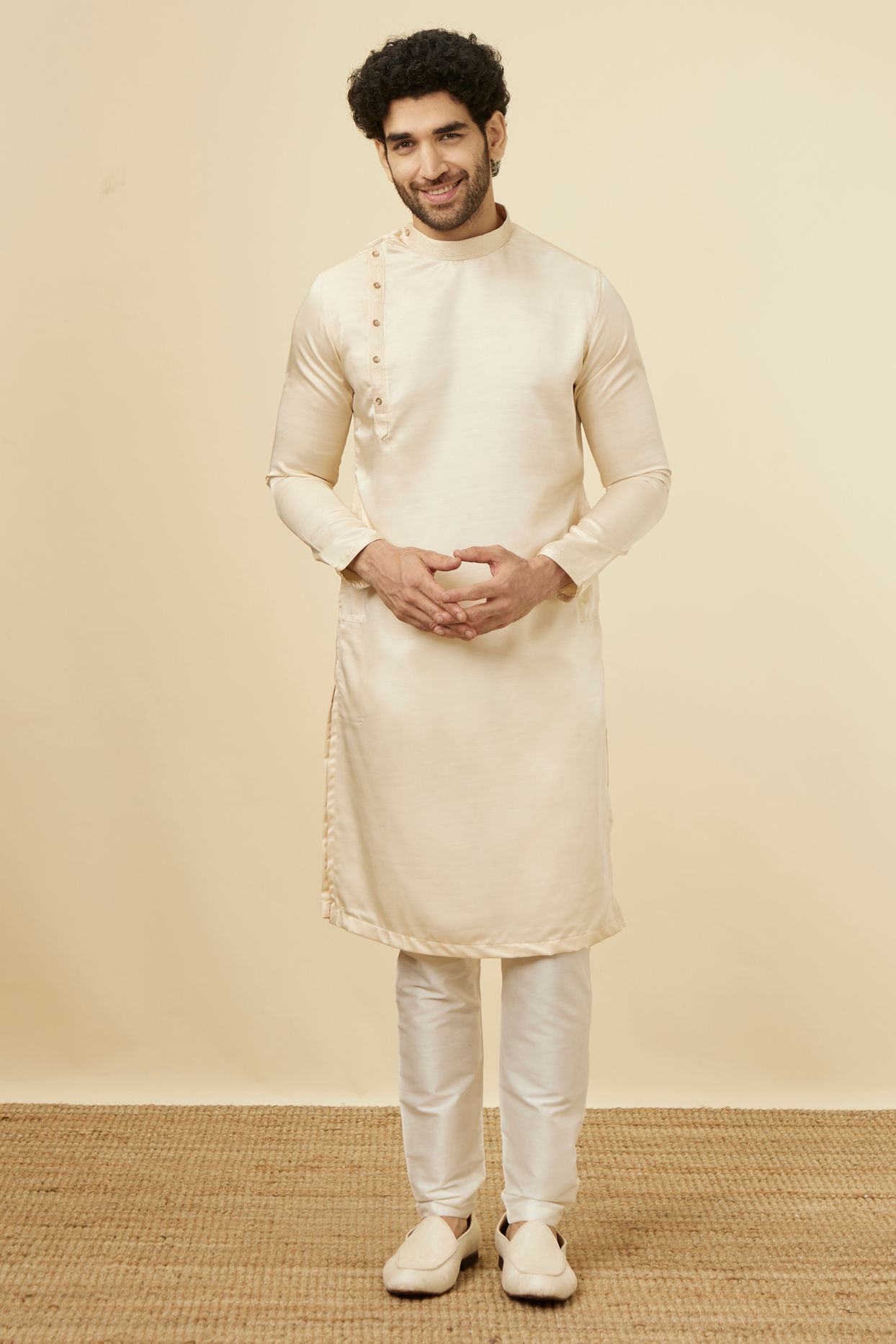 alt message - Manyavar Men Classic Cream Beige Angrakha Style Kurta Set image number 2