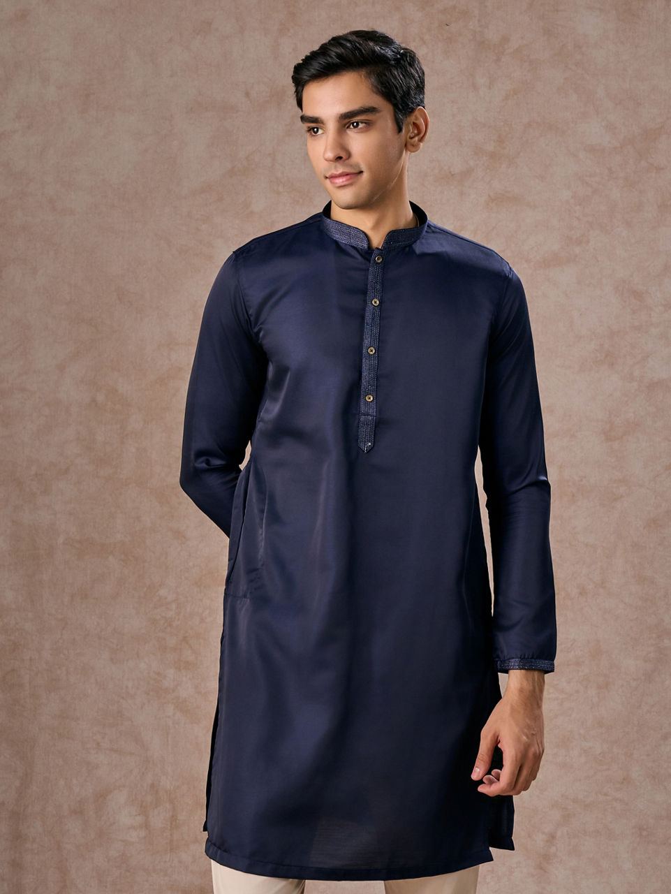 Manyavar Men French Navy Blue Classic Plain Kurta Set with Striped Collar