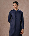 Manyavar Men French Navy Blue Classic Plain Kurta Set with Striped Collar
