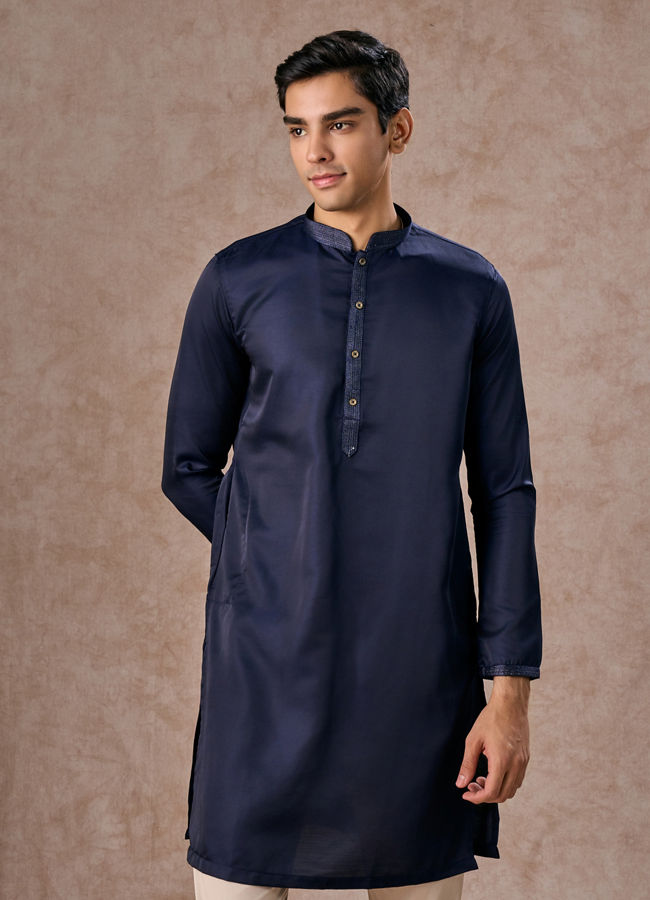 Manyavar Men French Navy Blue Classic Plain Kurta Set with Striped Collar