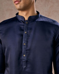 Manyavar Men French Navy Blue Classic Plain Kurta Set with Striped Collar