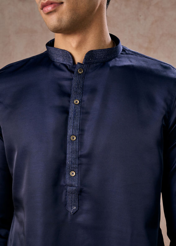Manyavar Men French Navy Blue Classic Plain Kurta Set with Striped Collar