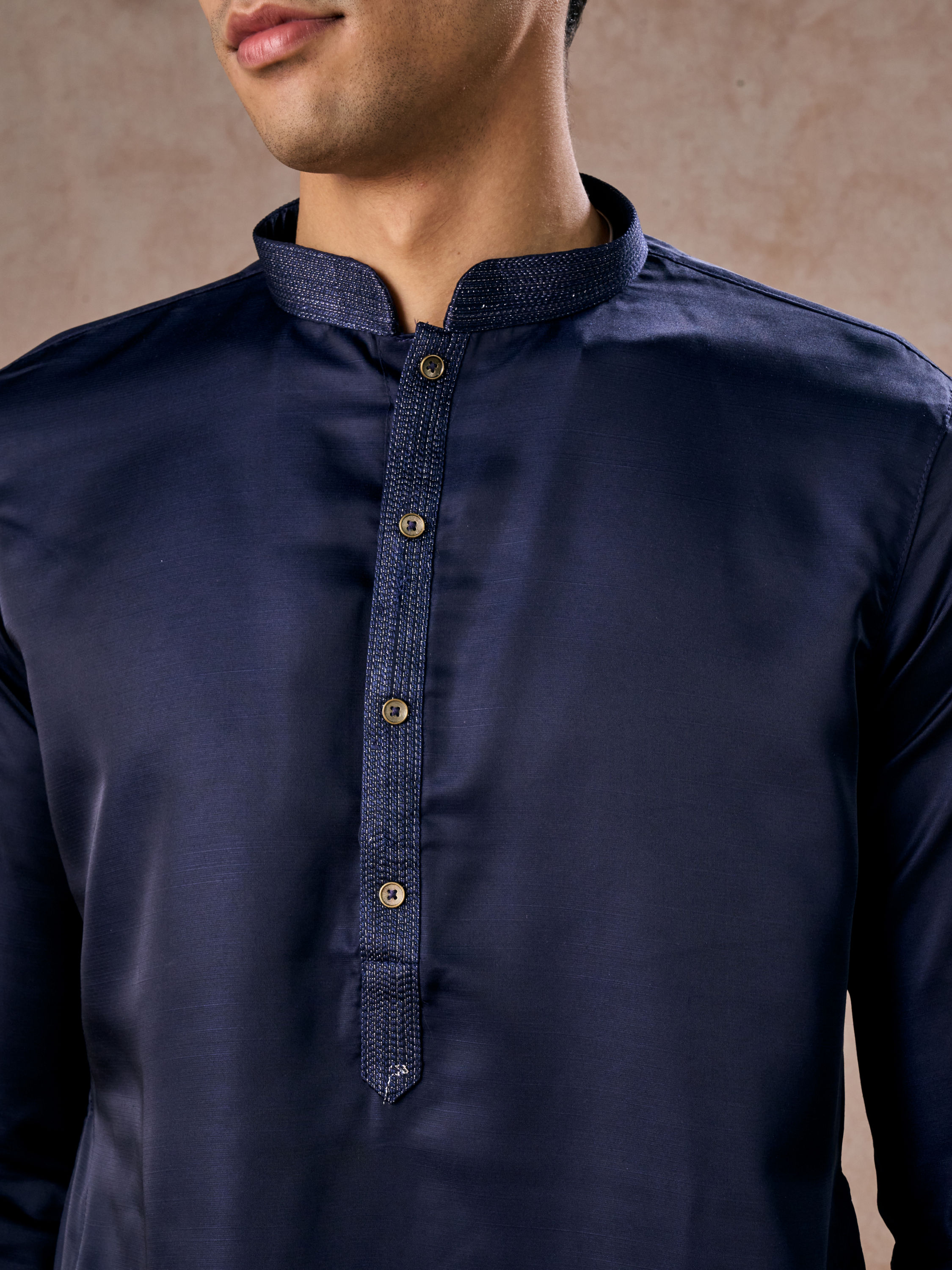 Manyavar Men French Navy Blue Classic Plain Kurta Set with Striped Collar