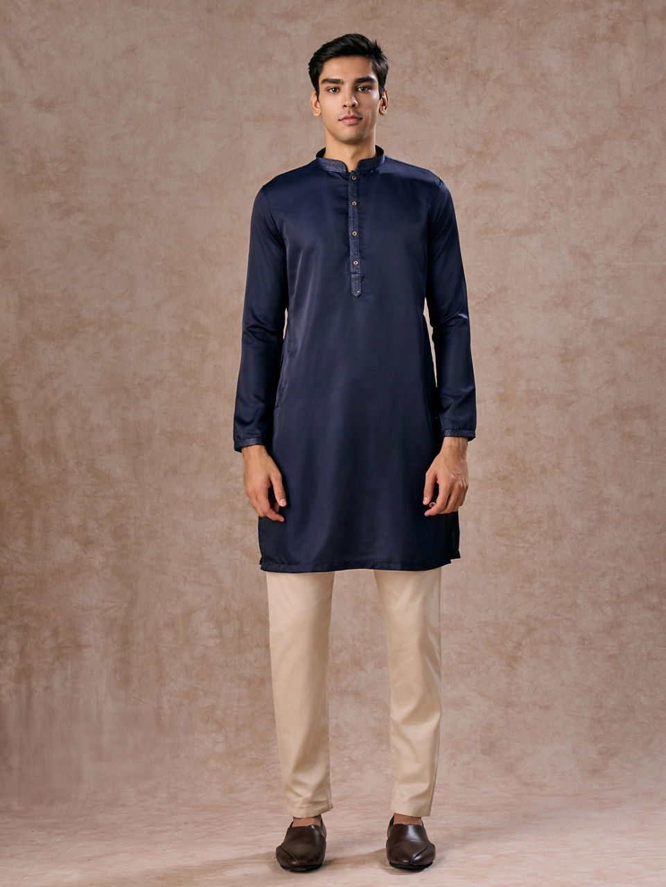 Manyavar Men French Navy Blue Classic Plain Kurta Set with Striped Collar