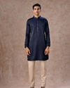 Manyavar Men French Navy Blue Classic Plain Kurta Set with Striped Collar