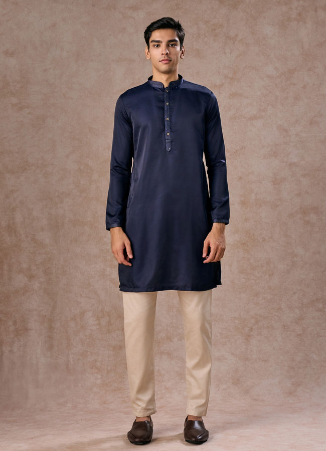 Manyavar Men French Navy Blue Classic Plain Kurta Set with Striped Collar