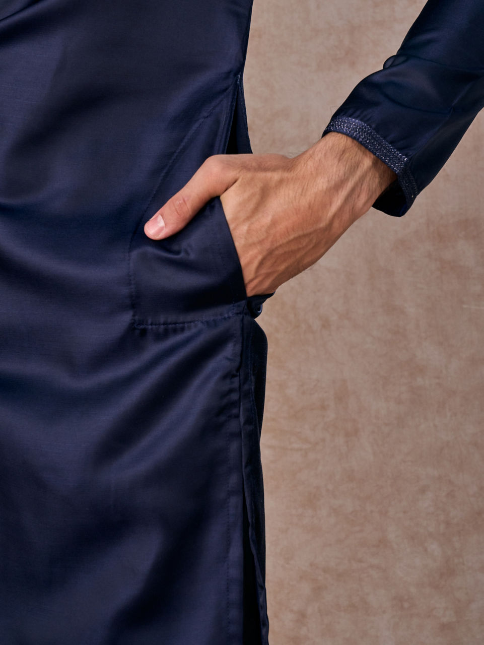 Manyavar Men French Navy Blue Classic Plain Kurta Set with Striped Collar