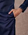 Manyavar Men French Navy Blue Classic Plain Kurta Set with Striped Collar