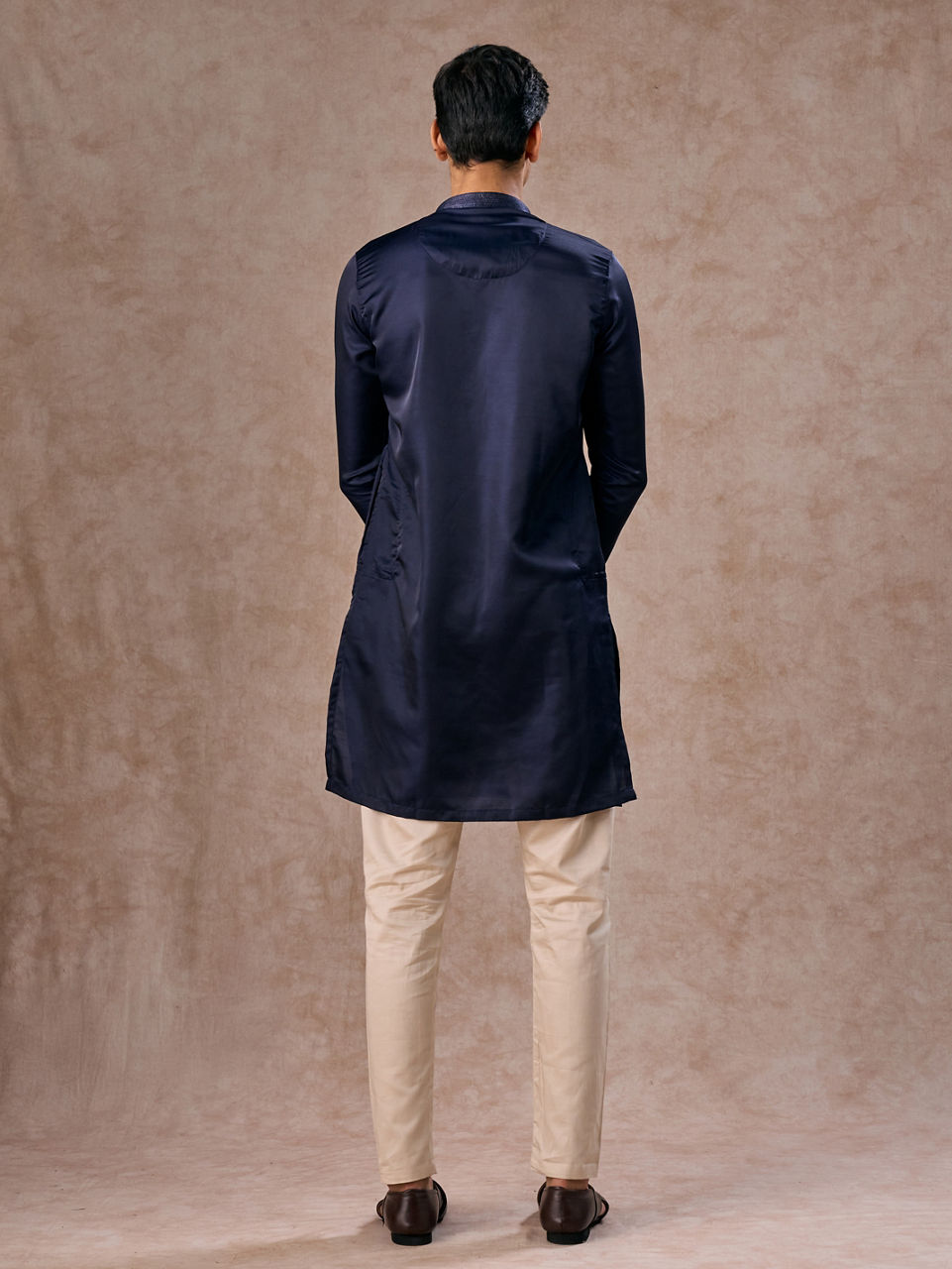 Manyavar Men French Navy Blue Classic Plain Kurta Set with Striped Collar