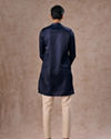 Manyavar Men French Navy Blue Classic Plain Kurta Set with Striped Collar