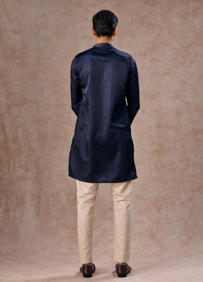 Manyavar Men French Navy Blue Classic Plain Kurta Set with Striped Collar