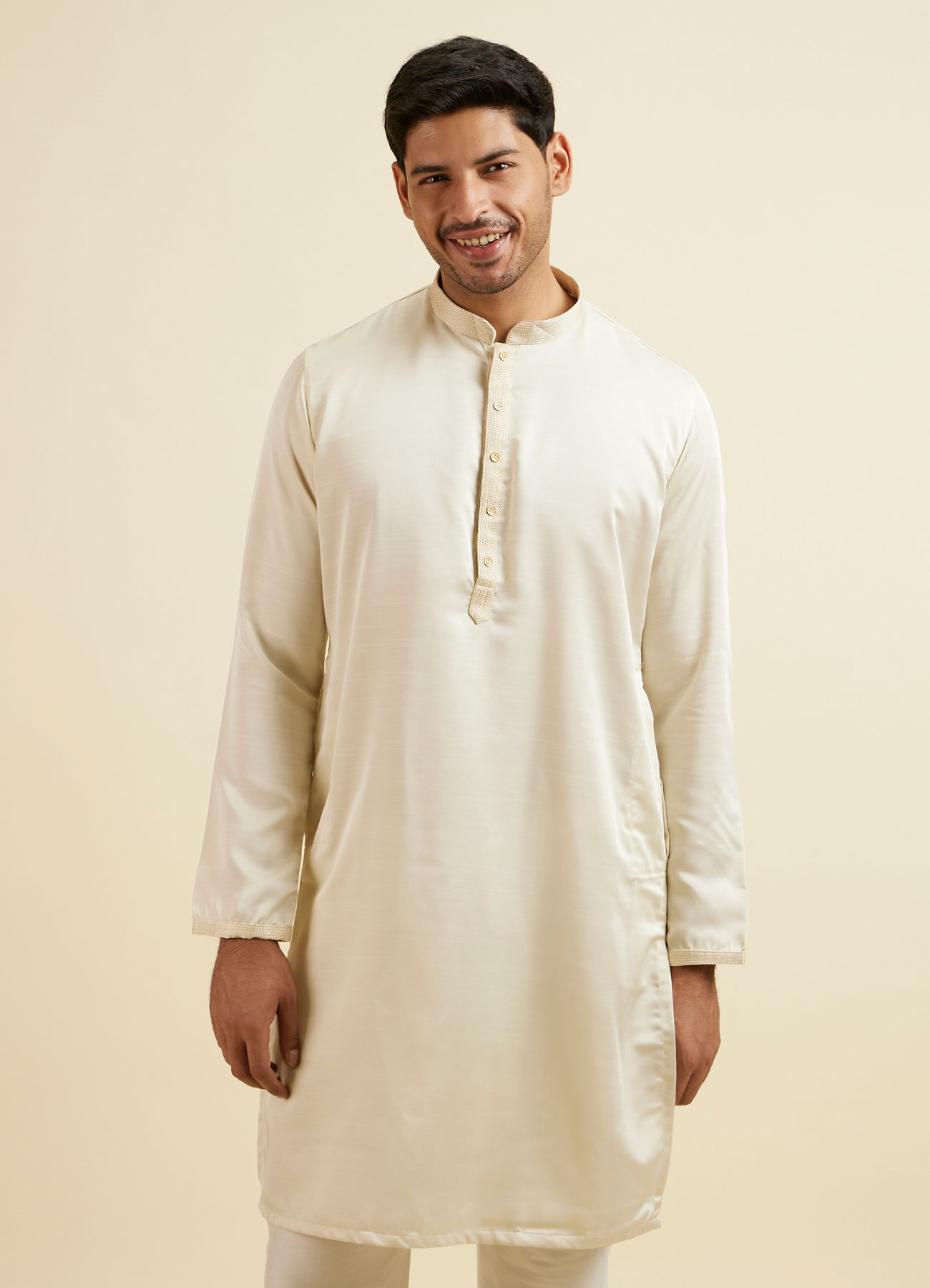 Manyavar Men Ivory White Placket Detailed Kurta Set