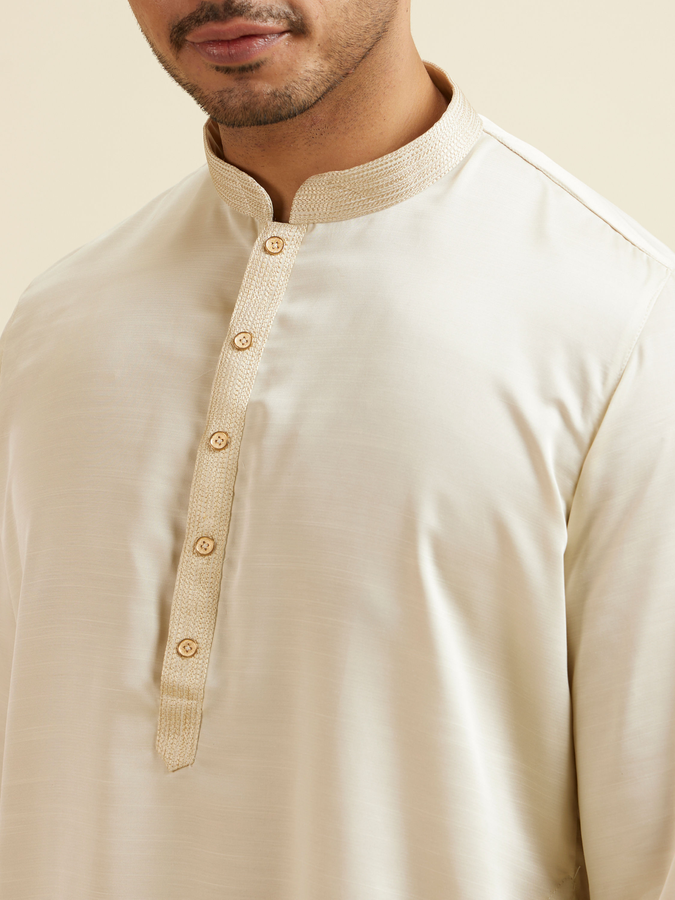 Manyavar Men Ivory White Placket Detailed Kurta Set