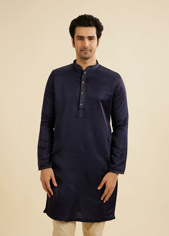 Manyavar Men French Navy Blue Classic Plain Kurta Set with Striped Collar