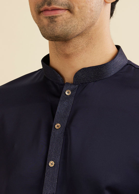 Manyavar Men French Navy Blue Classic Plain Kurta Set with Striped Collar