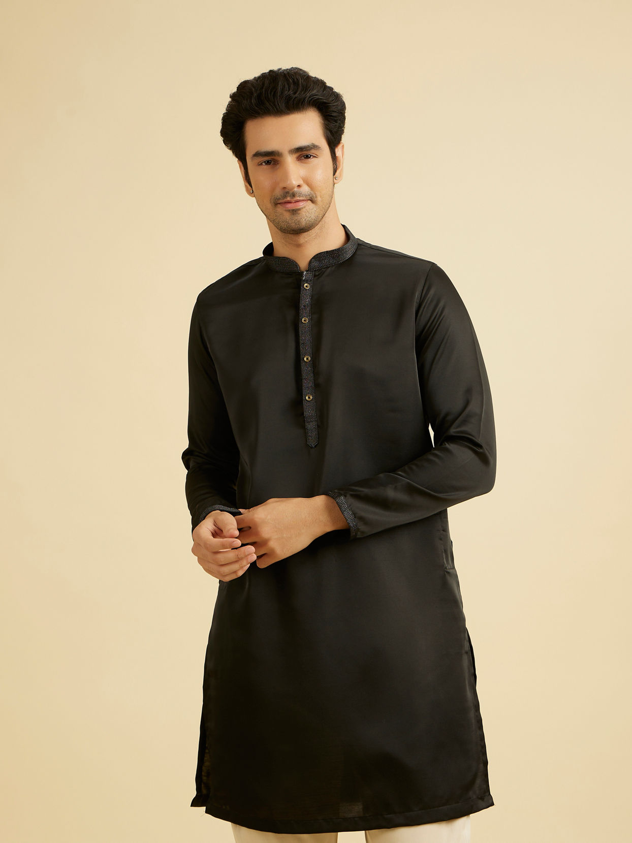 Manyavar Men Elegant Black Satin Kurta Pajama