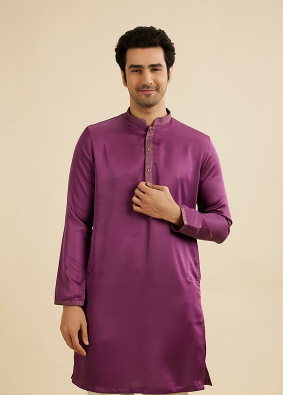 Manyavar Men Dewberry Purple Classic Plain Kurta Set with Striped Collar