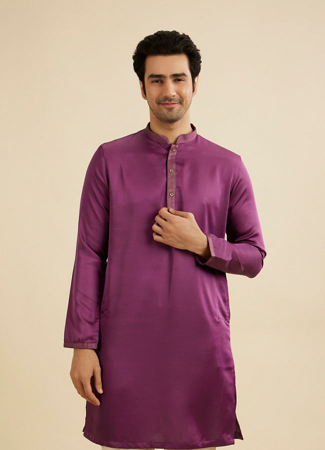 Manyavar Men Dewberry Purple Classic Plain Kurta Set with Striped Collar