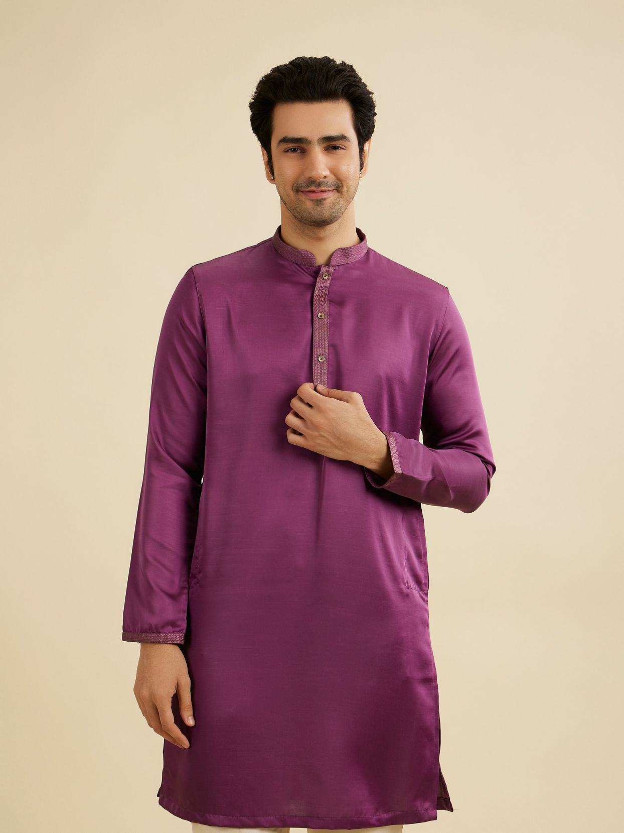 Manyavar Men Dewberry Purple Classic Plain Kurta Set with Striped Collar