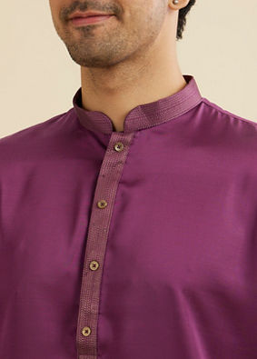 Manyavar Men Dewberry Purple Classic Plain Kurta Set with Striped Collar