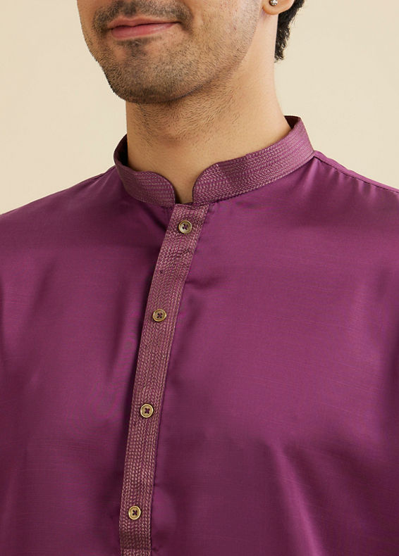 Manyavar Men Dewberry Purple Classic Plain Kurta Set with Striped Collar