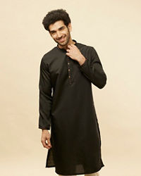 Manyavar Men Midnight Black Embroidered Neckline Kurta Set