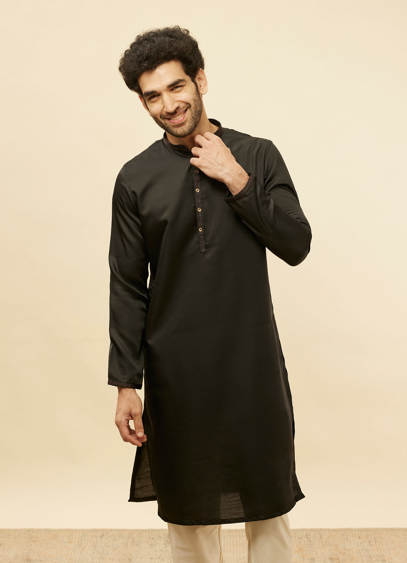 Manyavar Men Midnight Black Embroidered Neckline Kurta Set