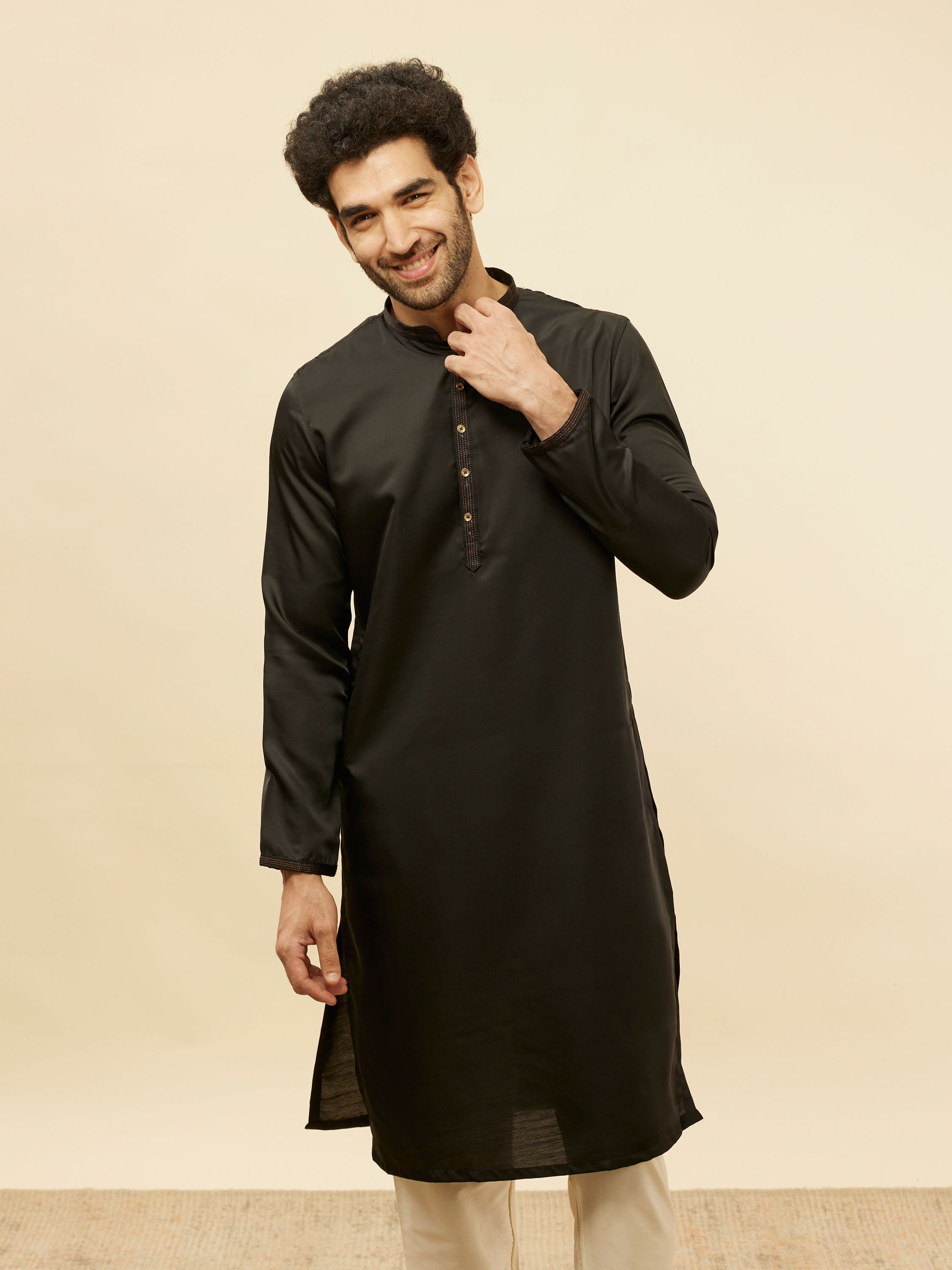 Manyavar Men Midnight Black Embroidered Neckline Kurta Set