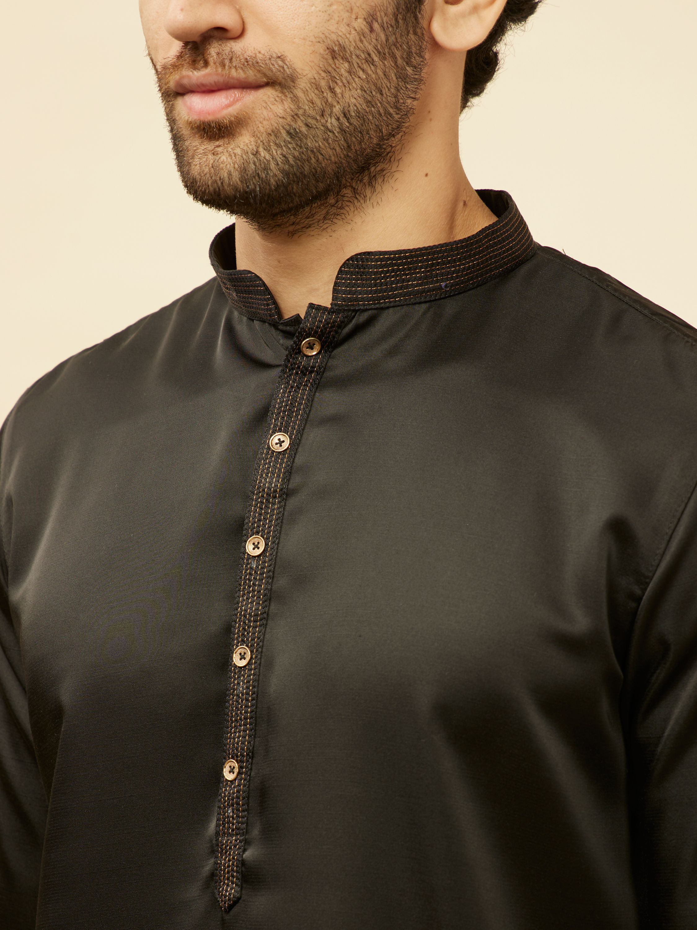 Manyavar Men Midnight Black Embroidered Neckline Kurta Set