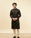 Manyavar Men Midnight Black Embroidered Neckline Kurta Set