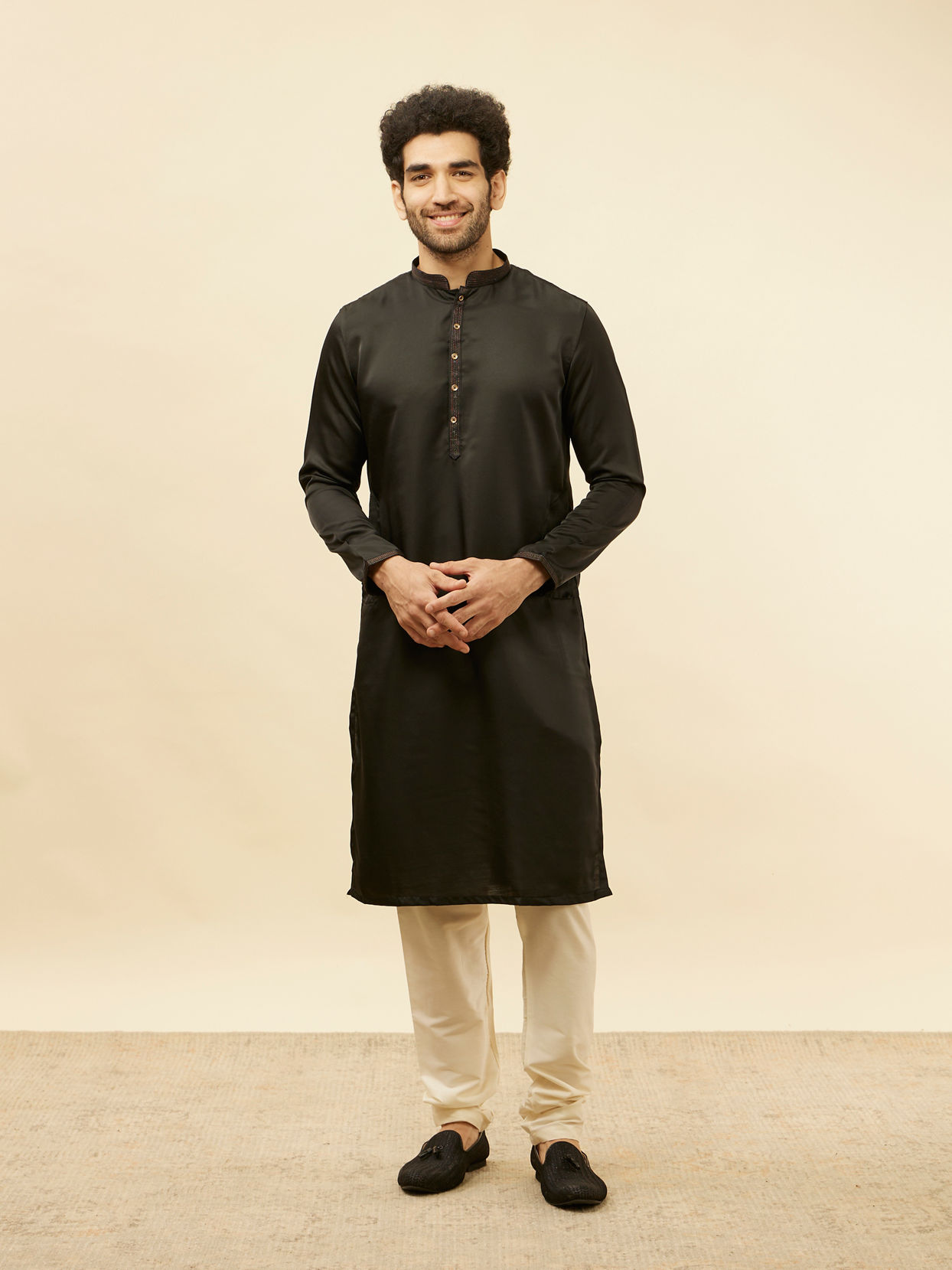Manyavar Men Midnight Black Embroidered Neckline Kurta Set